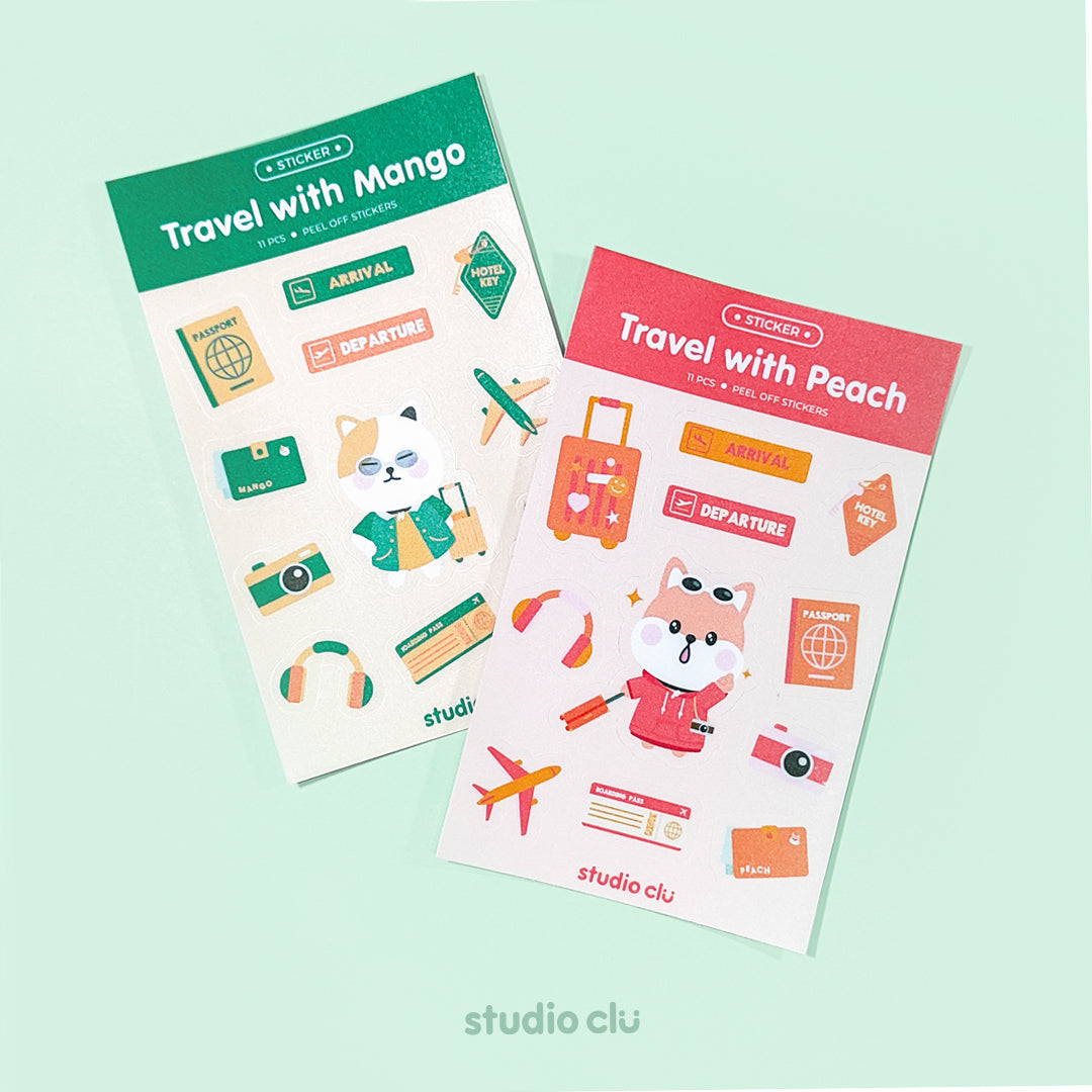 Travel Peach Dog and Mango Cat Art Journal Sticker Sheet