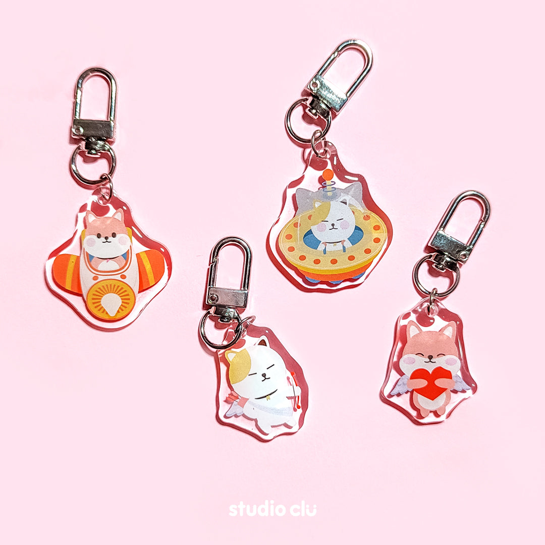 Peach Dog & Mango Cat Cute Acrylic Charm Chain Keyring B