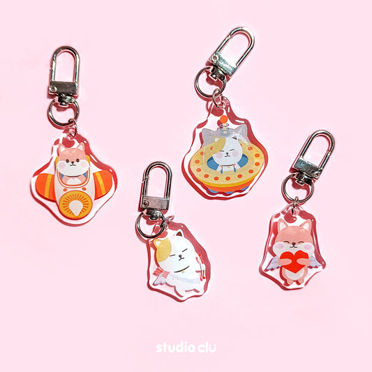 Peach Dog & Mango Cat Cute Acrylic Charm Chain Keyring B