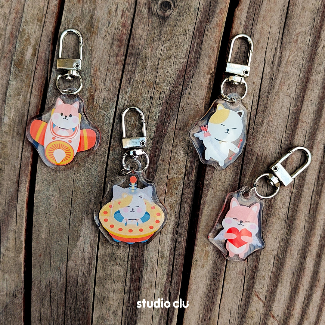 Peach Dog & Mango Cat Cute Acrylic Charm Chain Keyring B