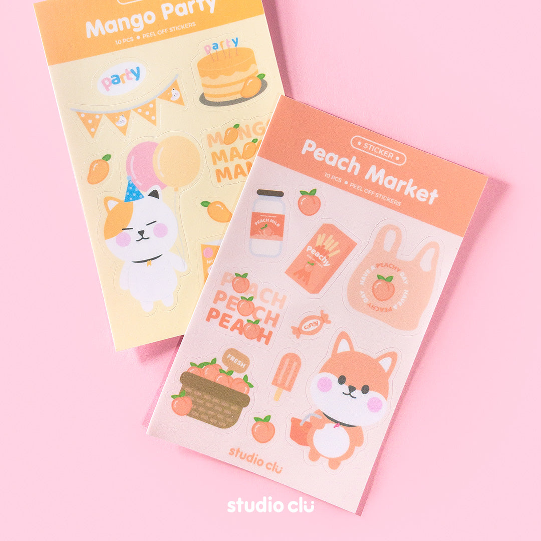 Peach Dog Market & Mango Cat Party Cute Waterproof Journal Sticker Sheet