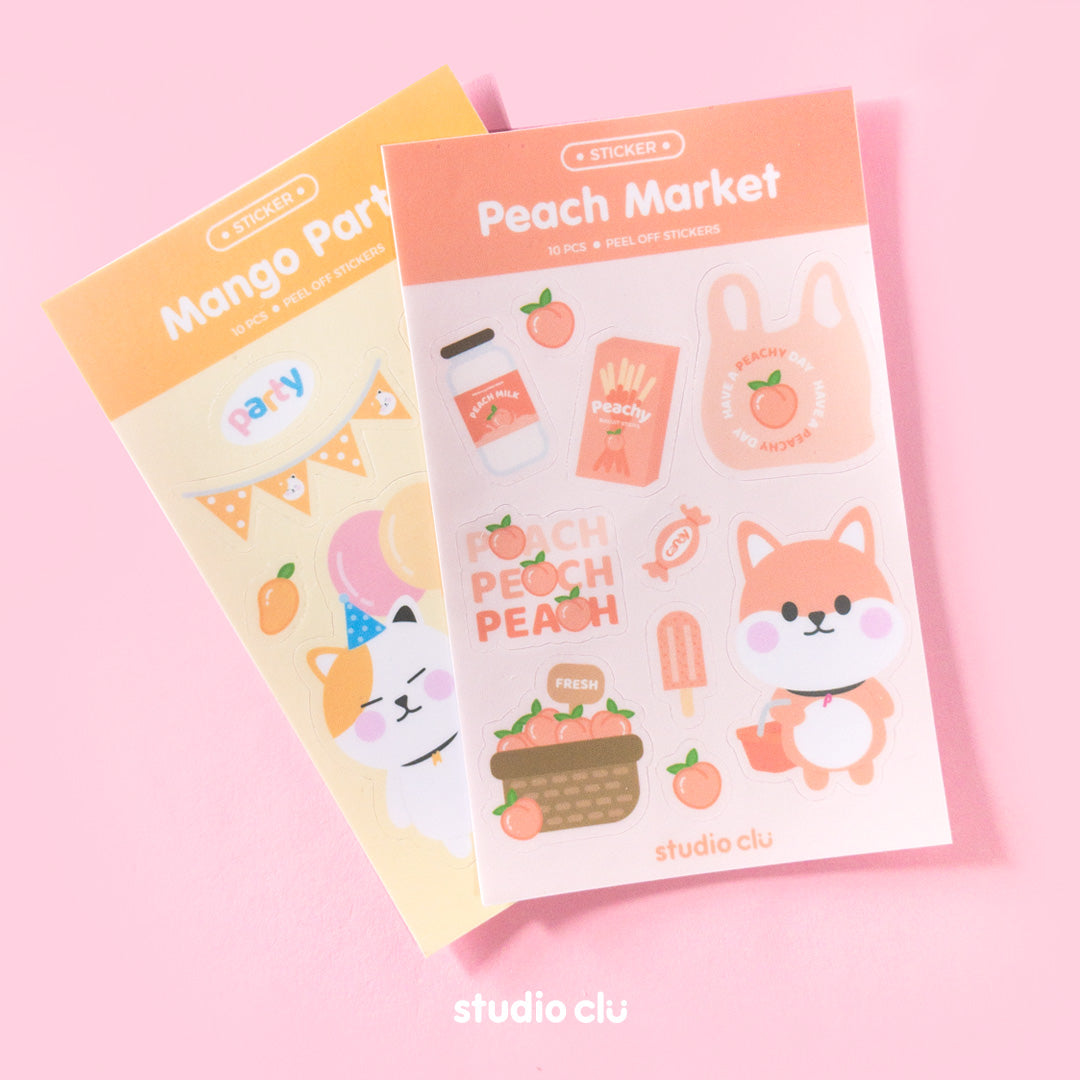 Peach Dog Market & Mango Cat Party Cute Waterproof Journal Sticker Sheet