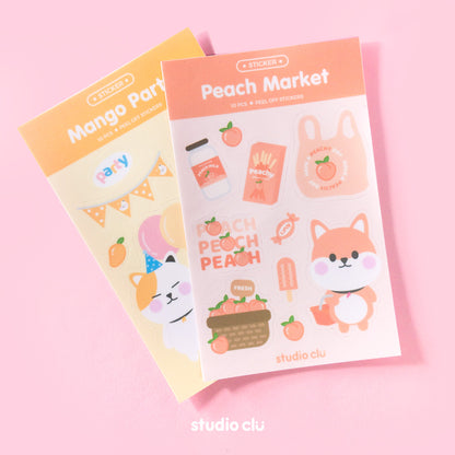 Peach Dog Market & Mango Cat Party Cute Waterproof Journal Sticker Sheet