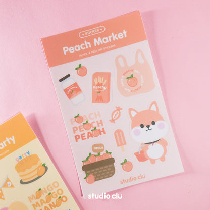 Peach Dog Market & Mango Cat Party Cute Waterproof Journal Sticker Sheet