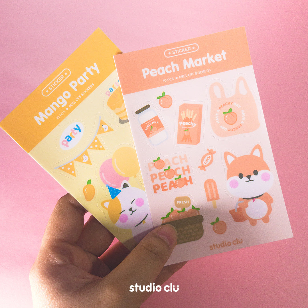 Peach Dog Market & Mango Cat Party Cute Waterproof Journal Sticker Sheet